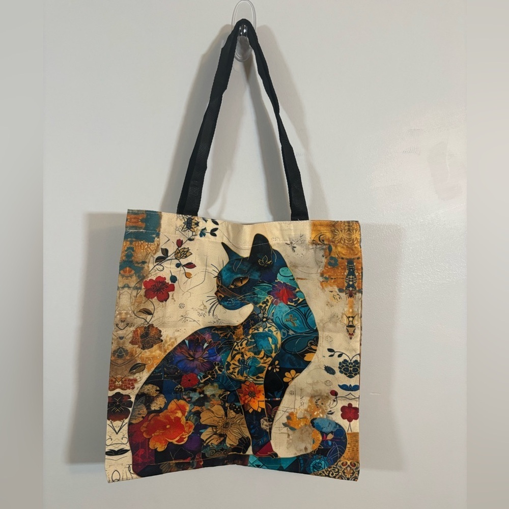 Colorful Cat Art Tote Bag – 16” x 15” Reusable Canvas Shoulder Bag
